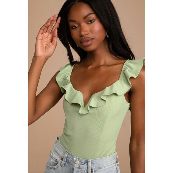 Astr the Label Ribbed Sleeveless Ruffled Bodysuit - Picture 1 of 7